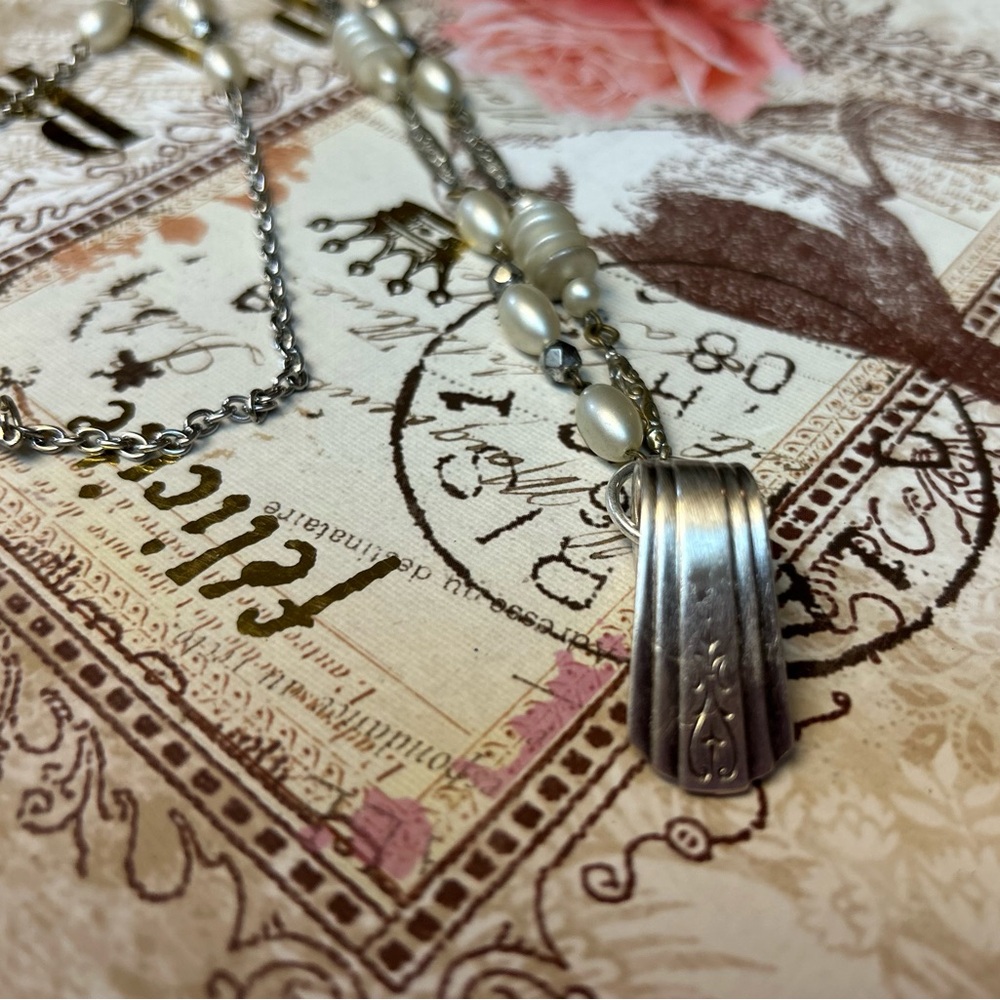 Vintage Silver Spoon Assemblage Necklace with old faux pearls